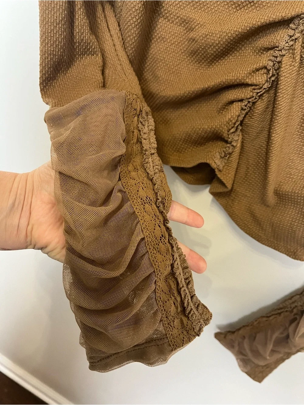 Free People Ruched Waffle Knit Long Sleeve Top in Caramel Brown